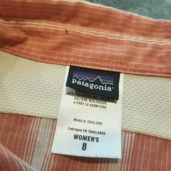 Patagonia Top Women Sz 8 Long Sleeve Button Down Shirt Lightweight Striped Peach - Picture 3 of 7